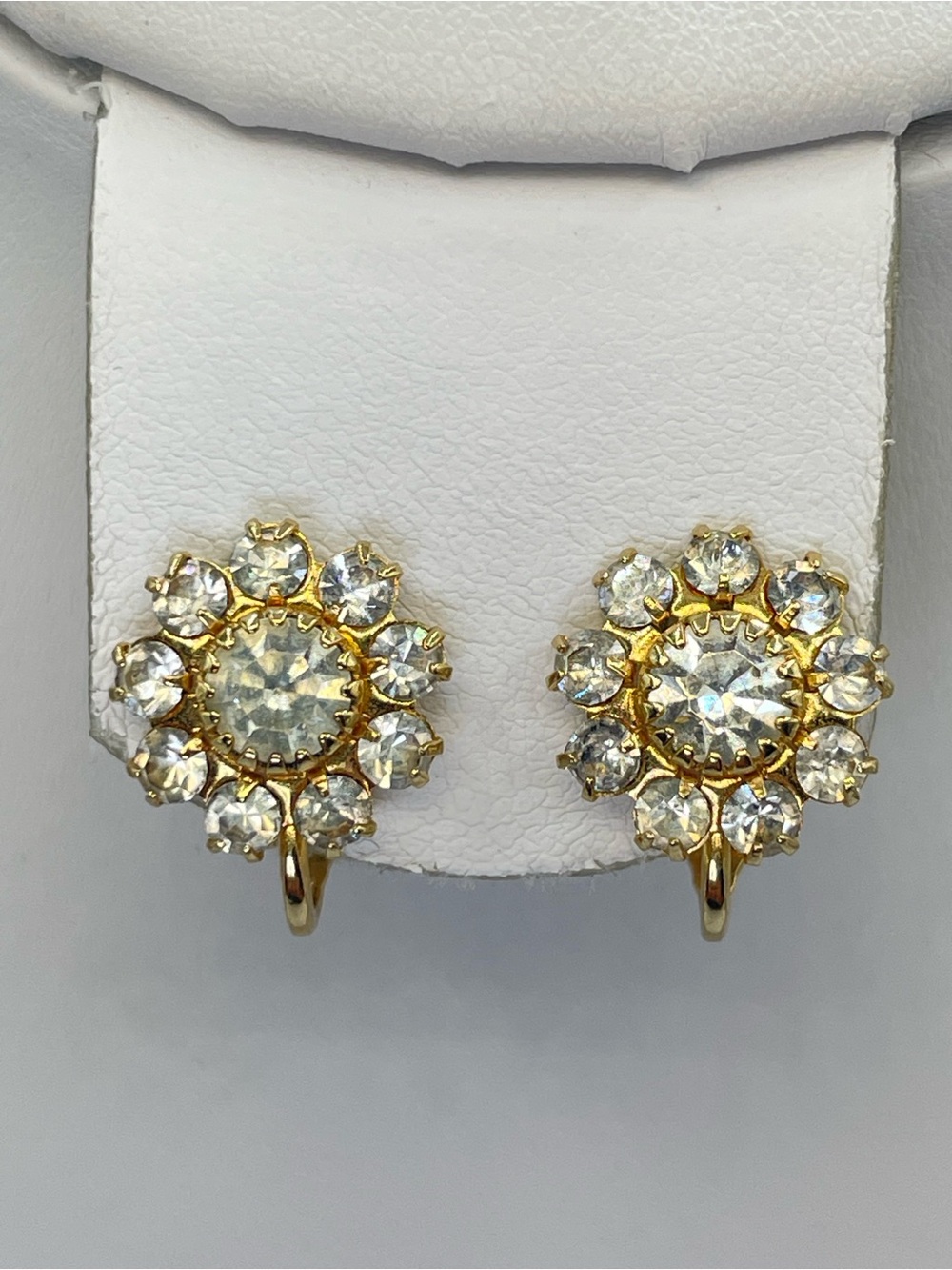 Gold Tone White Crystal Rhinestone Floral Cluster Clip On Earrings Vintage Style